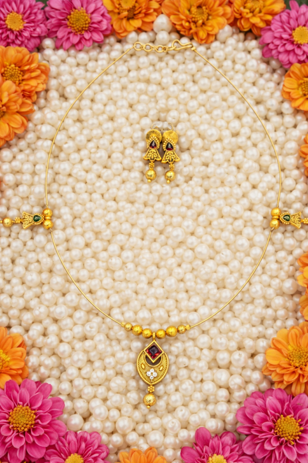 Invisisble Chain with Ruby Pendant and Gold beads