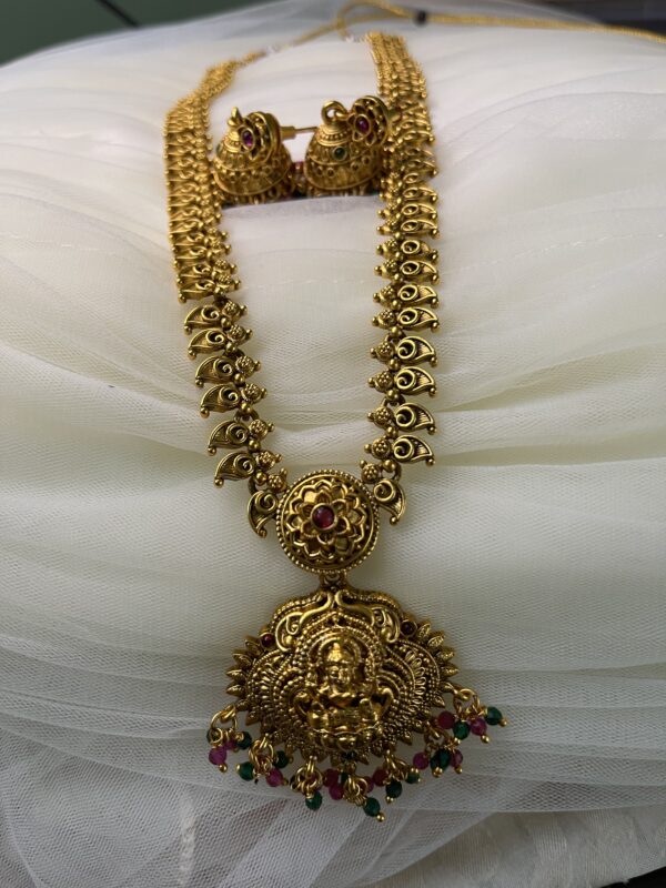 Traditional Haaram with Lekshmi Devi Pendant and Ruby/Green Beads with Earing
