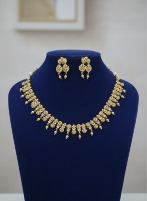Multi Stone Gold Beads Short Necklace With Earing ( Fully Copper )