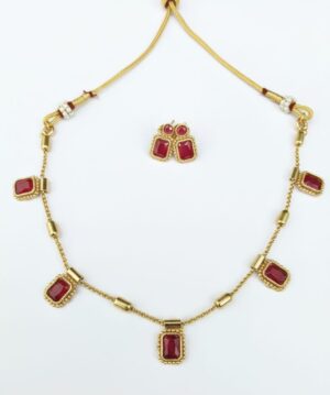 Square Ruby Chain Necklace with Square Ruby Earing