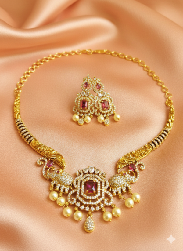 Ruby Stone Elephant Temple Necklace Set (00073)