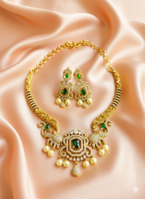Emerald Stone Elephant Temple Necklace Set (00072)
