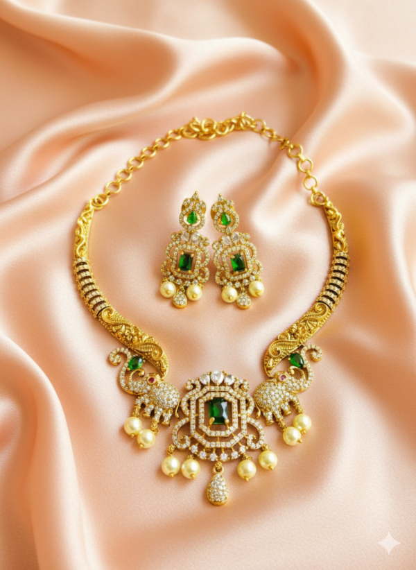 Emerald Stone Elephant Temple Necklace Set (00072)